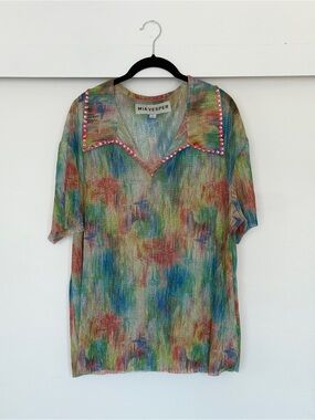 Mia Vesper • Plissé Crystal Collared Pullover in Multi Watercolor • Size Large